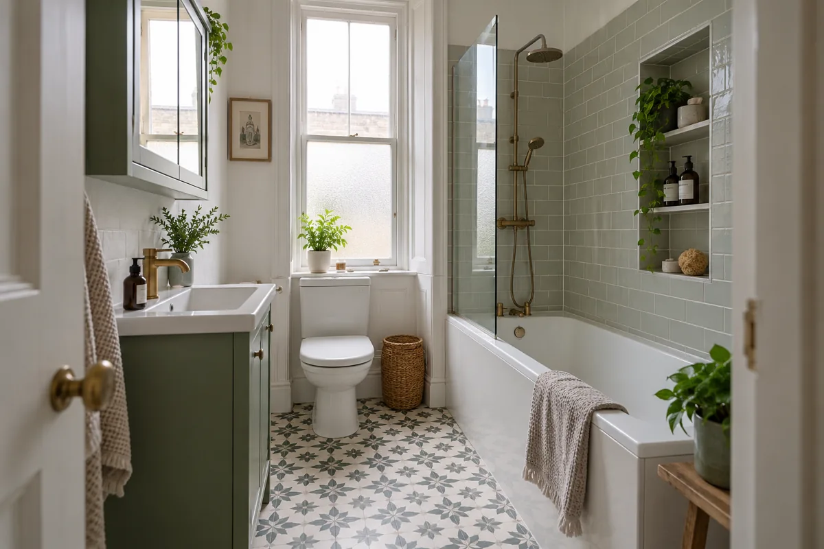 Compact bathroom with fitted bath, slim vanity and frosted sash window