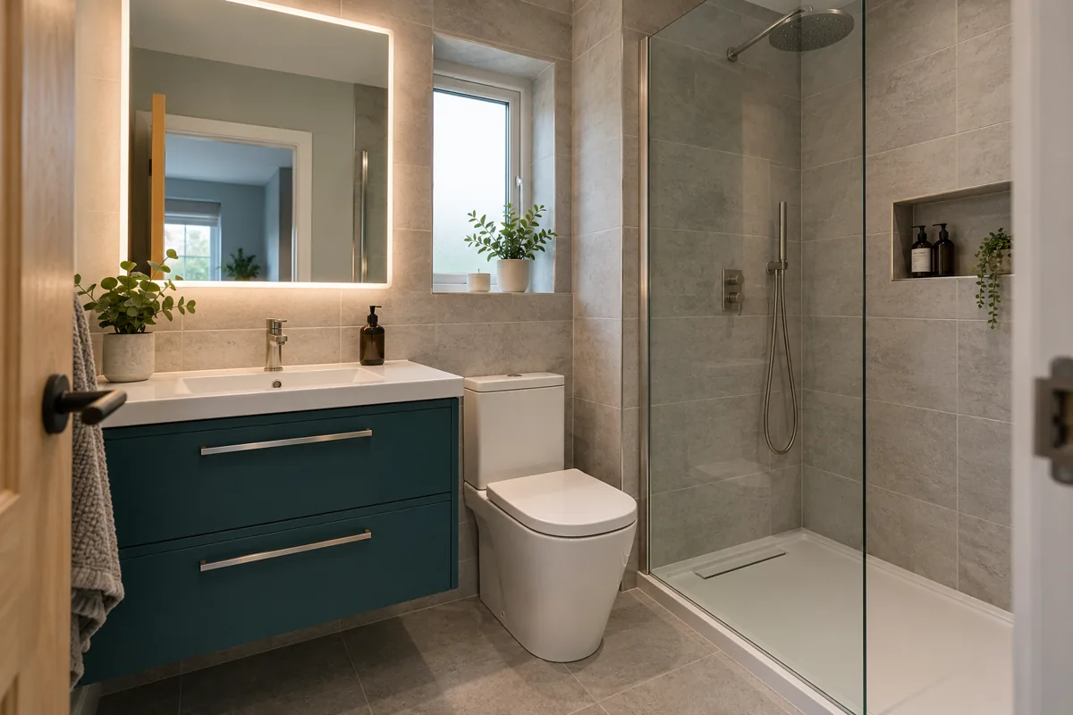Modern bathroom with coordinated vanity, shower and storage
