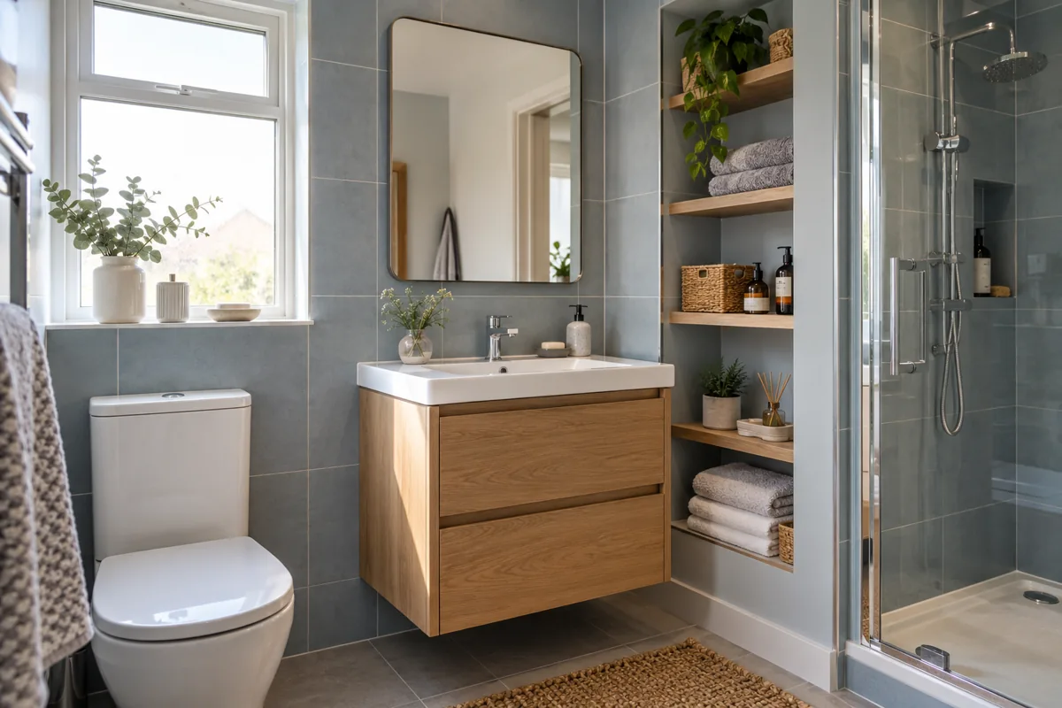 Oak vanity drawers, basin and recessed bathroom shelves
